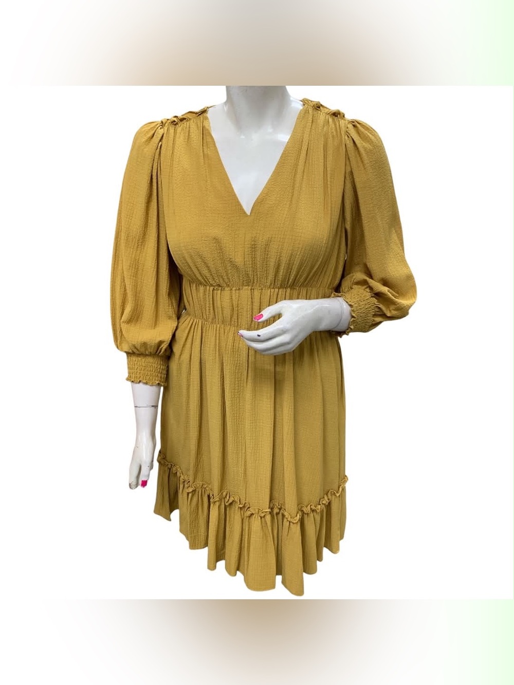 Calvin Klein Mustard V-Neck Smocked-Waist Mini Dress S12
